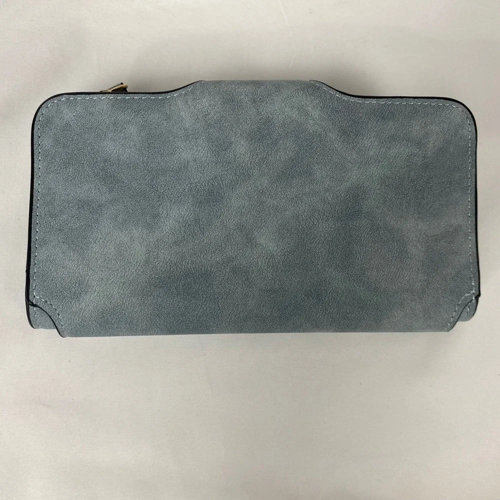 Womens Wallet Blue Faux Suede Bifold Zip Around Multi Card Holder ID Window NWT‎